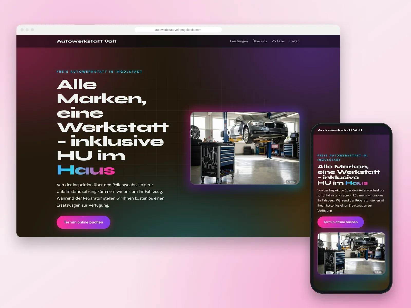Von der PageKoala-KI erstellte Website: Autowerkstatt Volt