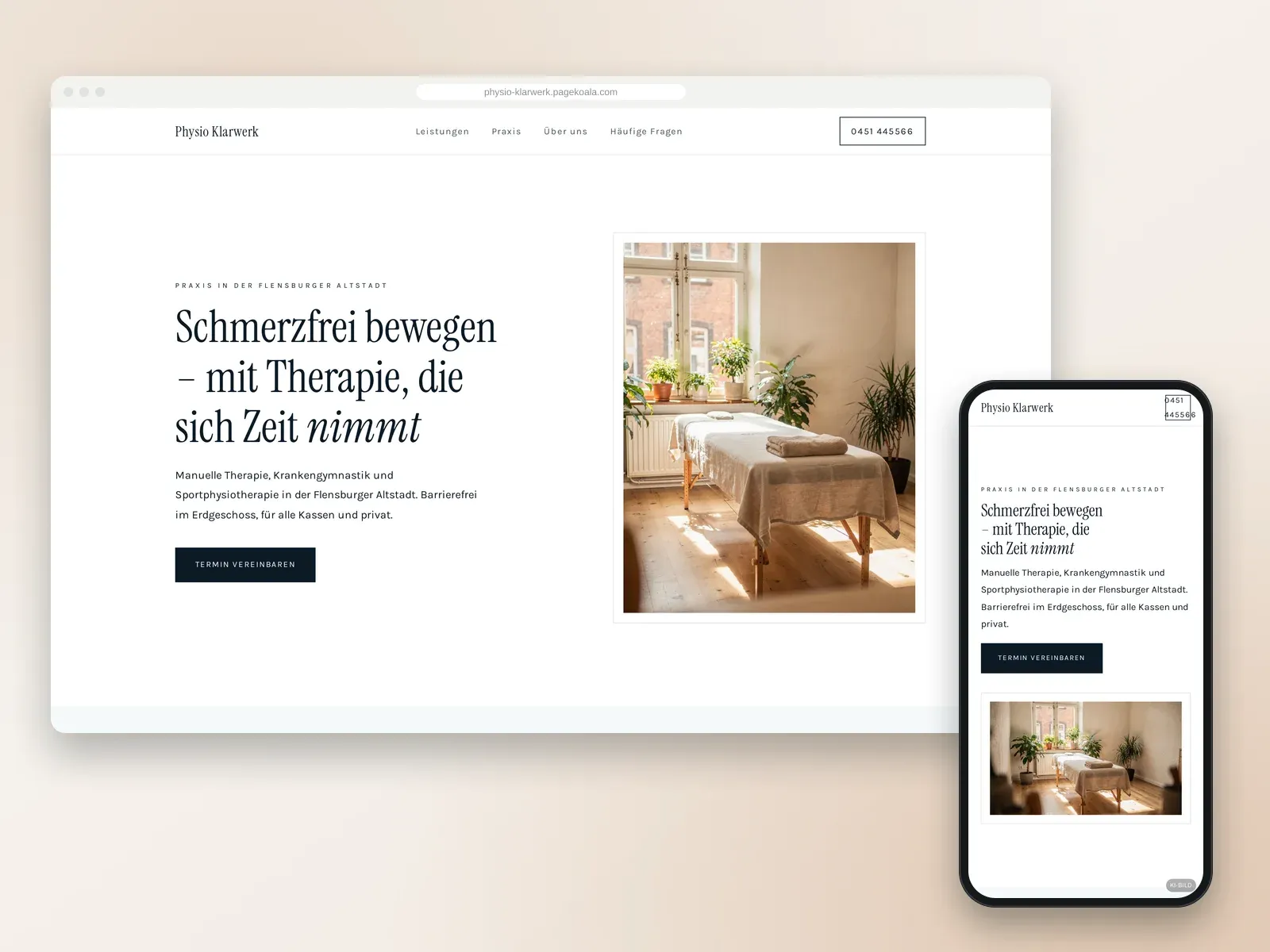 Von der PageKoala-KI erstellte Website: Physio Klarwerk