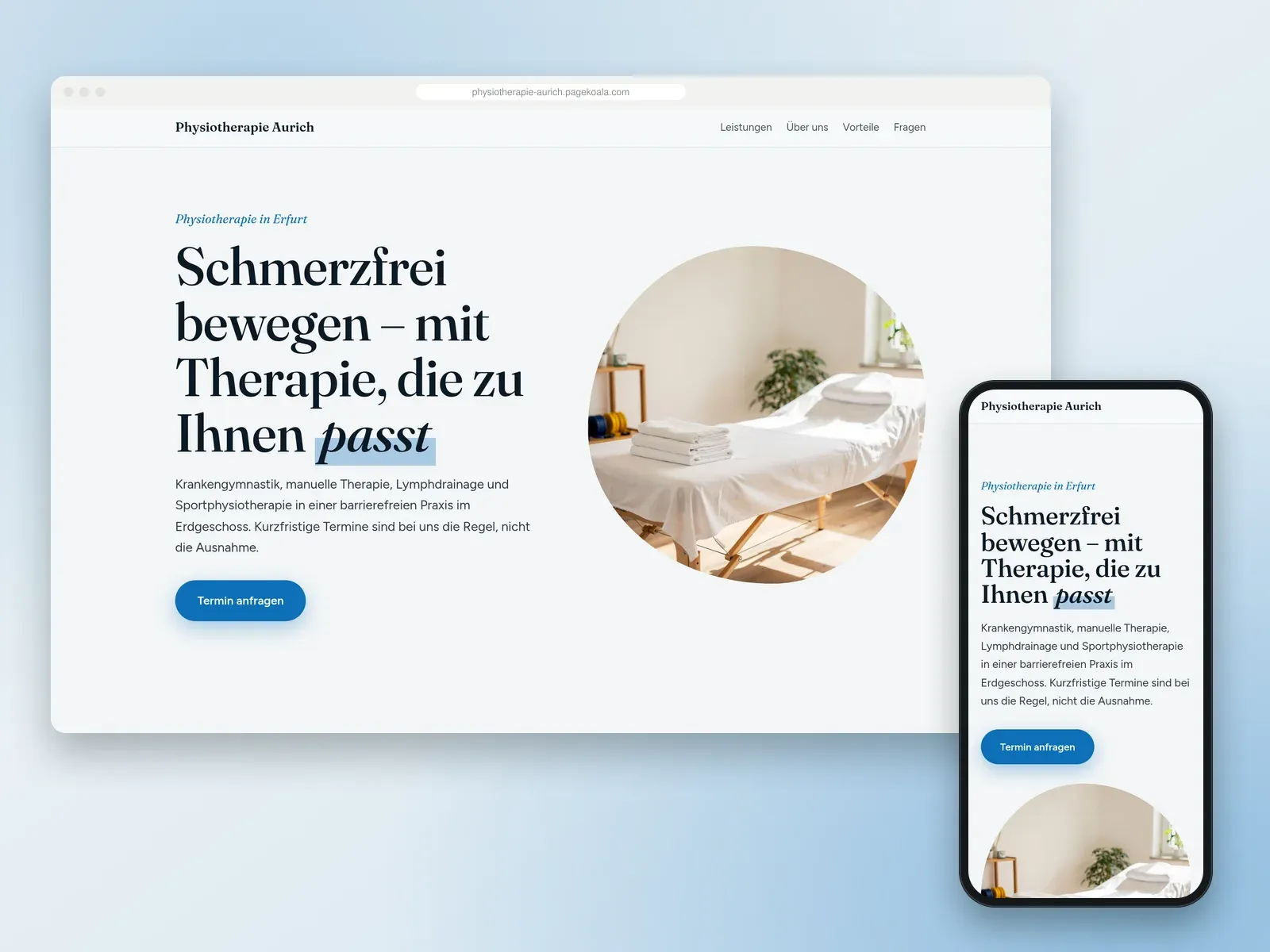 Von der PageKoala-KI erstellte Website: Physiotherapie Aurich