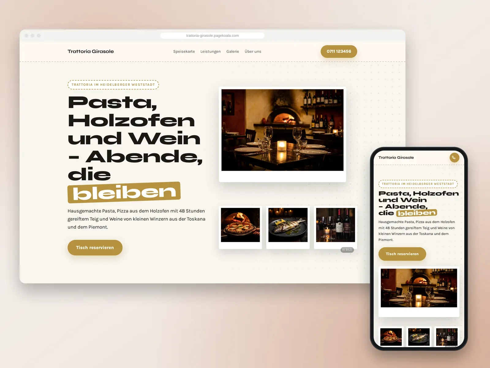 Von der PageKoala-KI erstellte Website: Trattoria Girasole